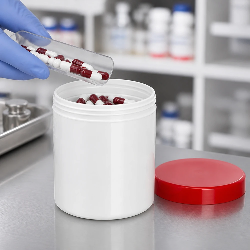 Salvburk 200g vit med rött skruvlock (polypropylen) Kapslarna fylls i vita PP-salvburkar på 200 g med rött skruvlock