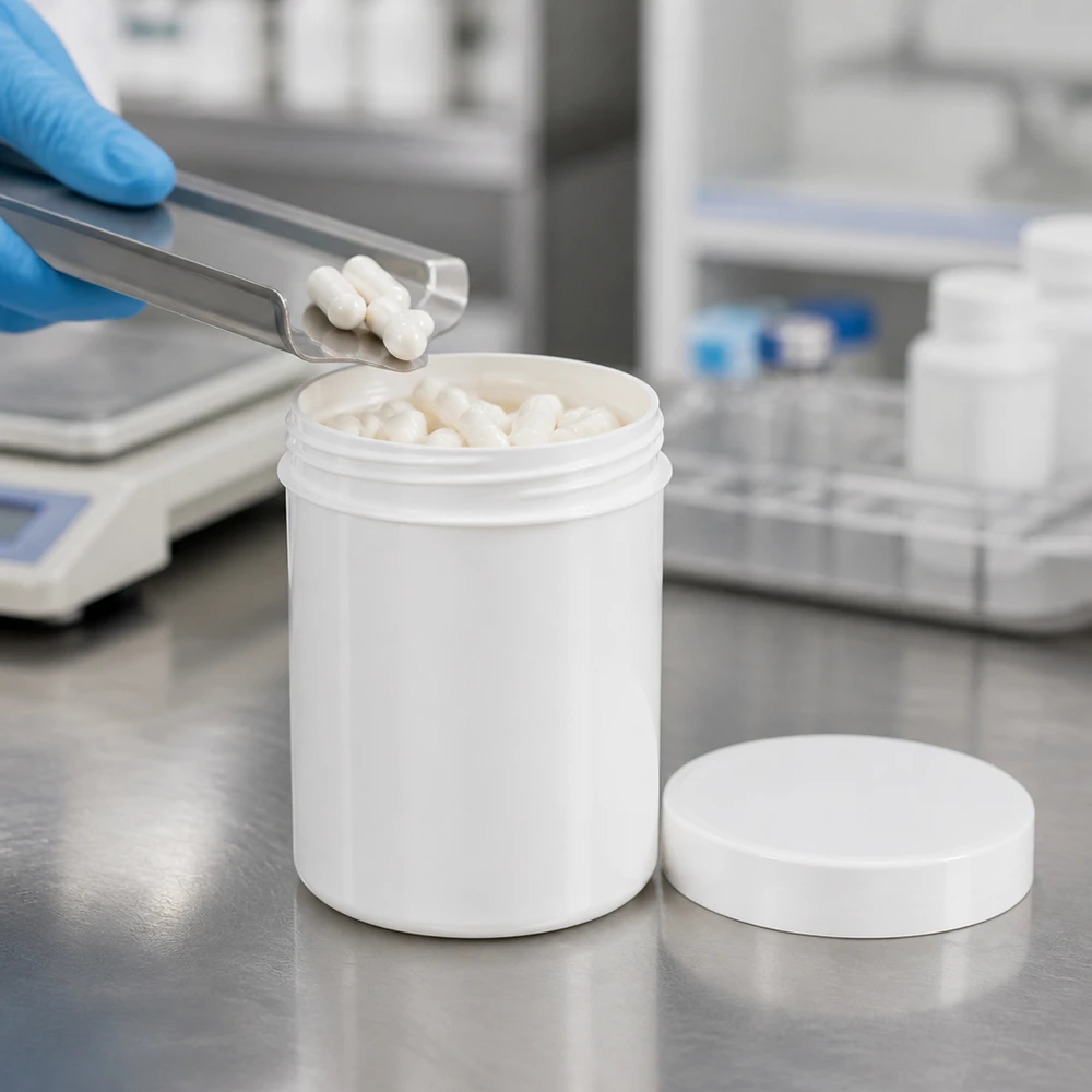 Salvburk 500g vit med vitt skruvlock (polypropylen) En vit 500 g-burk av PP-plast fylls med kapslar bredvid en precisionsvåg i laboratoriet