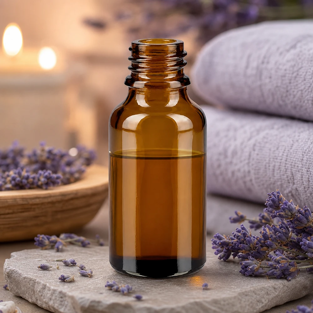 Droppflaska 30 ml DIN 18 bärnstensfärgat glas LOW SHAPE 30 ml brun glasflaska ApoGlas med lavendel och vita handdukar i en avkopplande spa-atmosfär med levande ljus