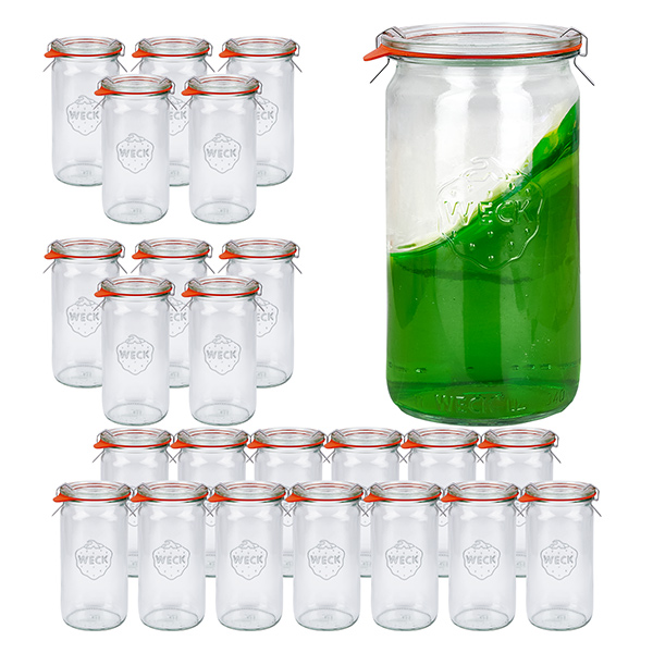 Set med 24 Weck-burkar 340 ml cylinderburkar med 24 glaslock Set med 24 Weck-burkar 340 ml cylinderburkar med 24 glaslock