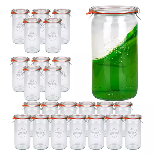Set med 24 Weck-burkar 340 ml cylinderburkar med 24 glaslock Set med 24 Weck-burkar 340 ml cylinderburkar med 24 glaslock