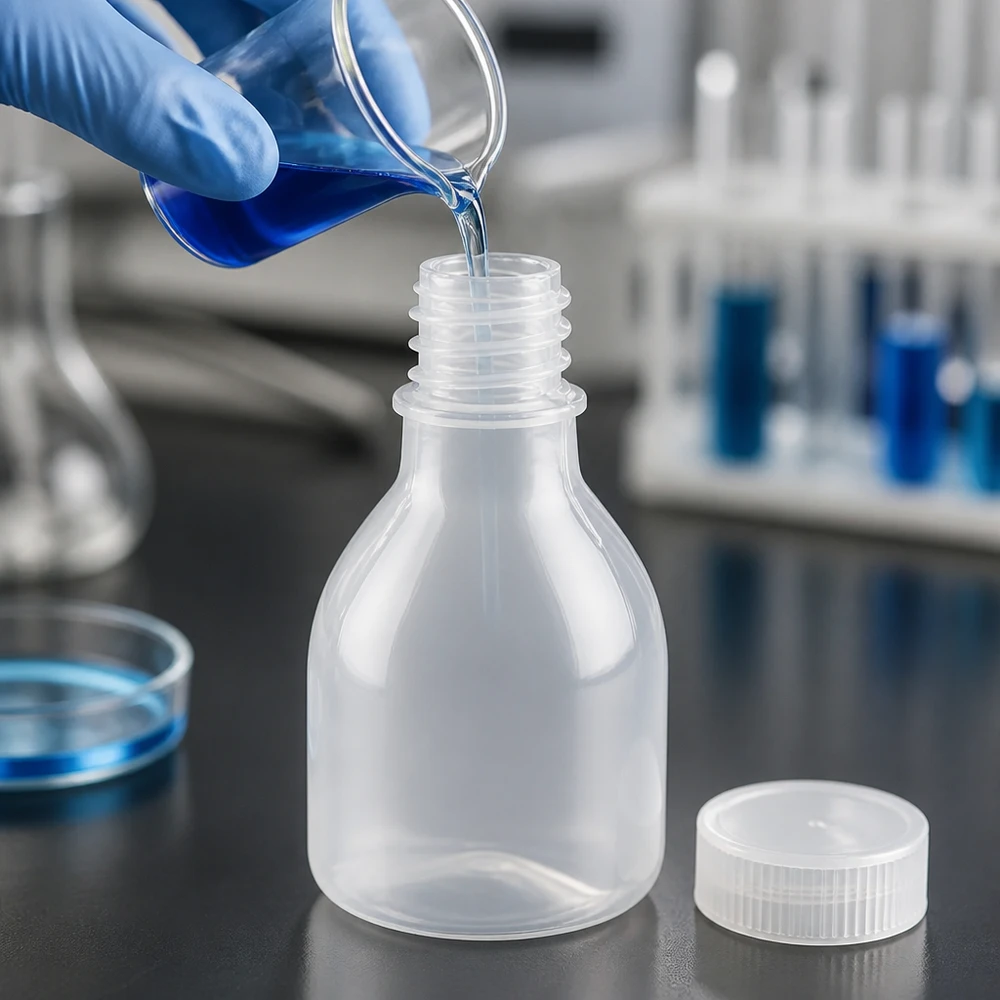 Den blå vätskan hälls i en 20 ml laboratorieflaska av PE med smal hals utan lock