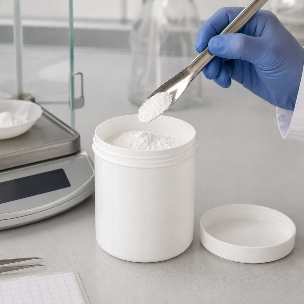 Salvburk 30g vit med vitt skruvlock (polypropylen) En laboratorieassistent fyller en vit PP-salvburk på 30 g med pulver på en laboratorievåg