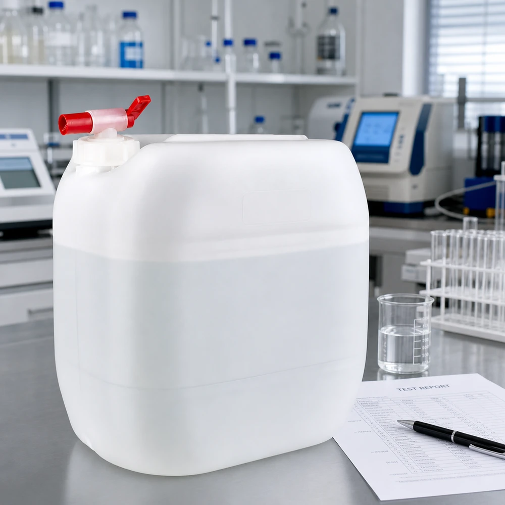 30 liters dunk med avtappningskran Stabil 30-litersdunk med tappkran bredvid ett mätglas och testrapport från laboratoriet