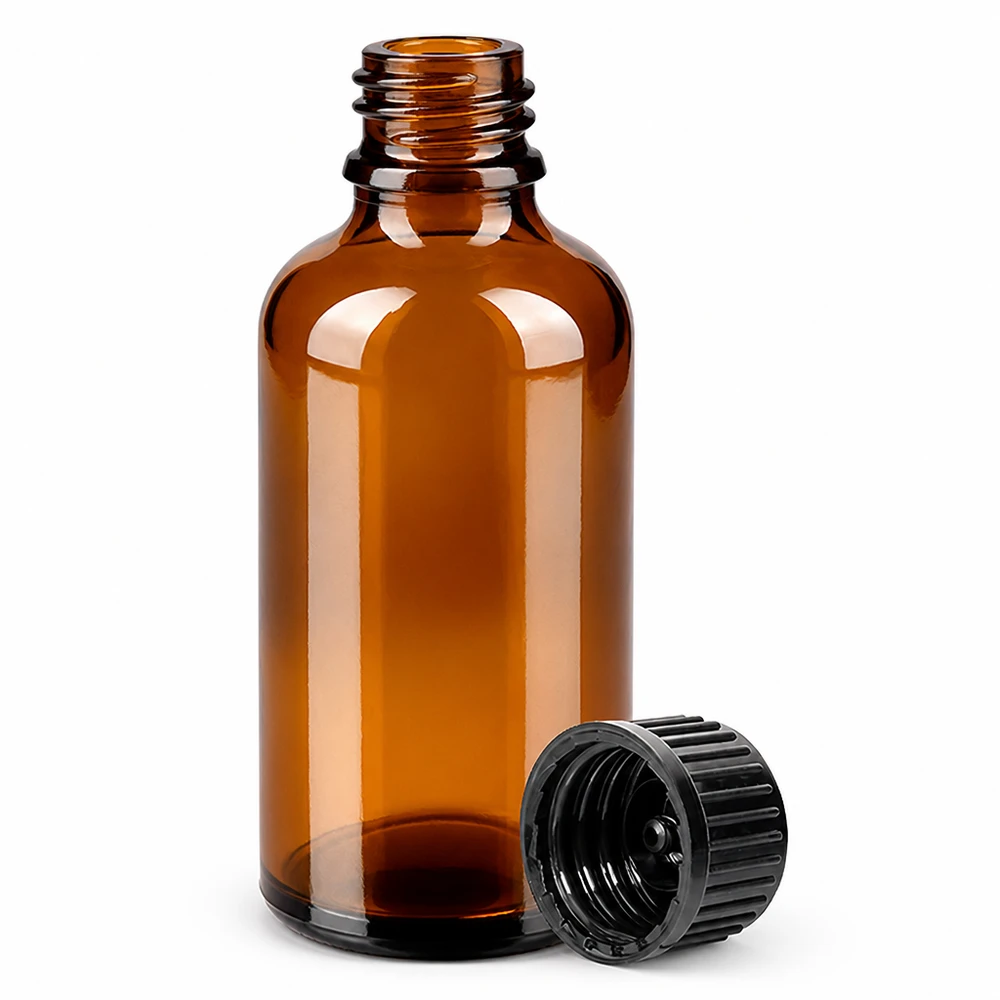 50ml flaska 11mm skruvkork svart standard BrownLine UT18/50 Brun 50 ml glasflaska med 11 mm gänga och svart lock för aromaterapi och apotek