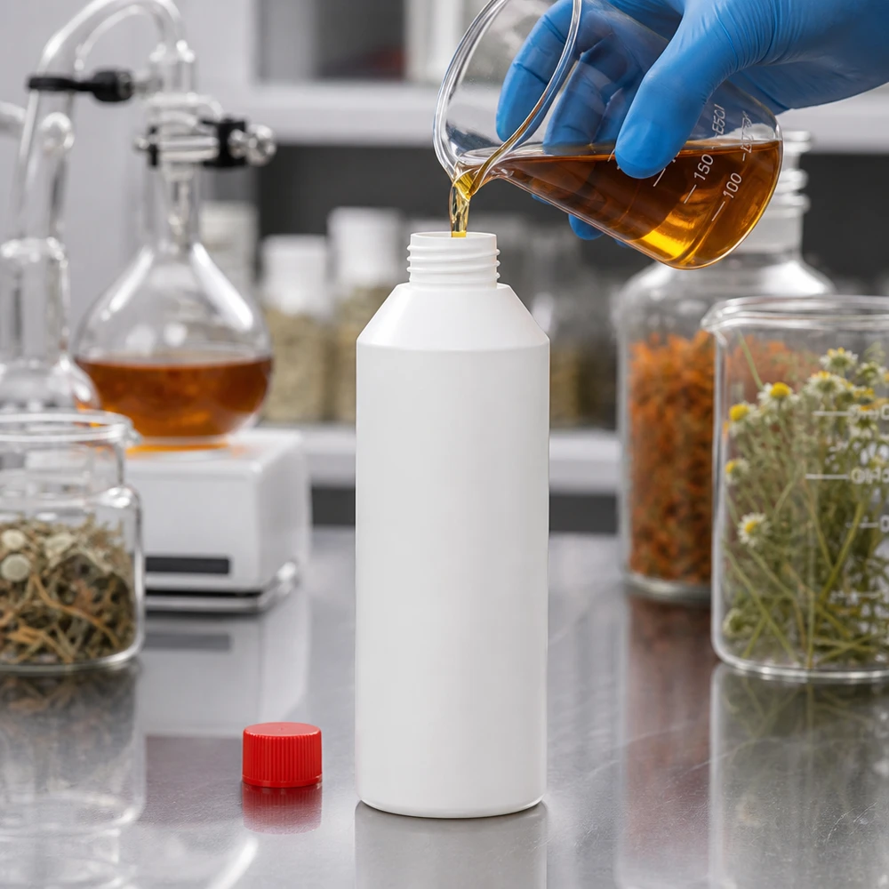 Vit apoteksflaska av HDPE, 250 ml, med rött skruvlock för örtextrakt i laboratoriet