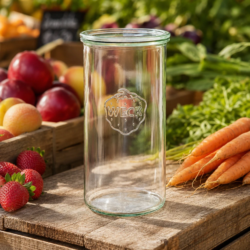 1500ml Krossade glasögon med glaslock WECK RR100 WECK glas 1500ml RR100 på träskiva med färsk frukt grönsaker jordgubbar morötter naturlig köksdekoration