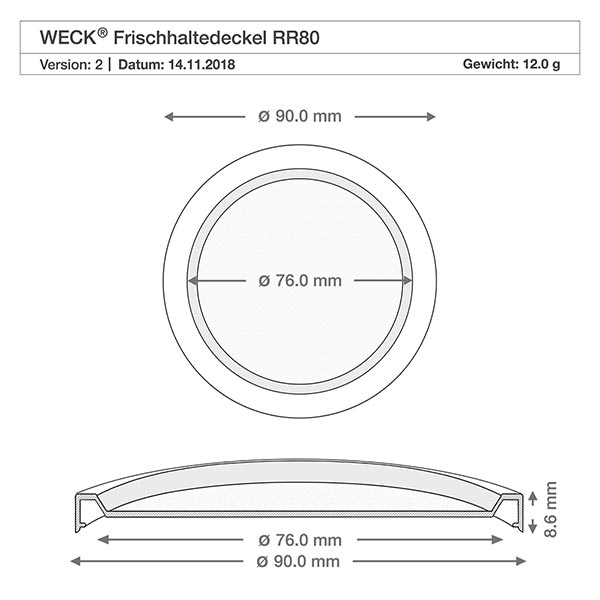 370 ml tulpanformad burk med friskhetslock WECK RR80 Teknisk ritning WECK färskhetslock RR80 med måtten 90mm och 76mm diameter för 1040ml cylinderburk