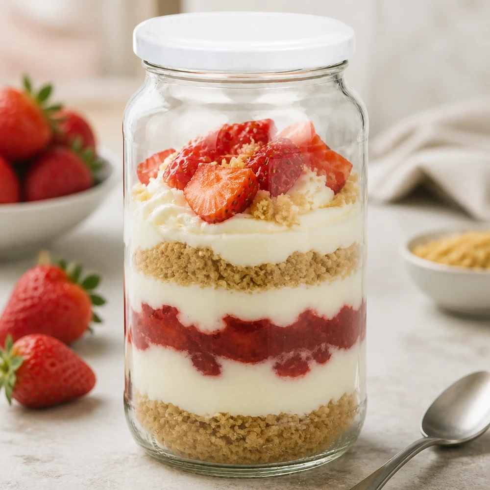 1062ml rund burk BasicSeal lock vit med jordgubbsdessert lagrad dessert tiramisu burk dessertförvaringsburk