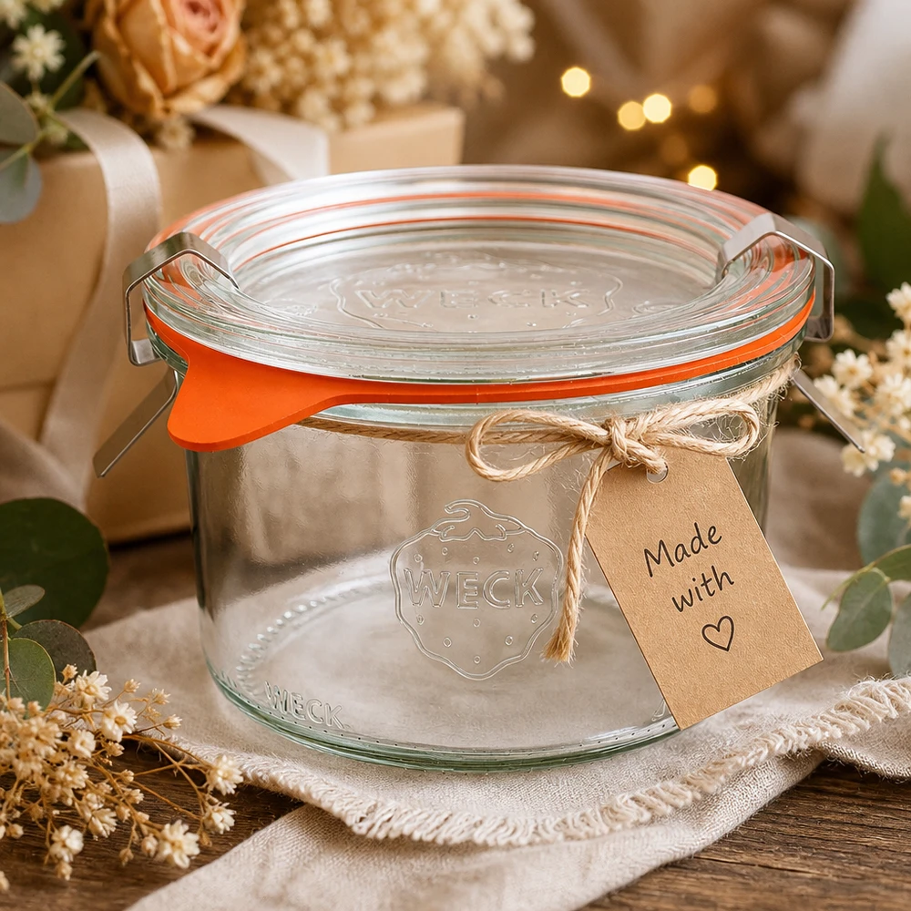 WECK 200 ml RR80-tumblers som en presentidé dekorerad med en Made with Love-tagg i kraftpapper och torkade blommor