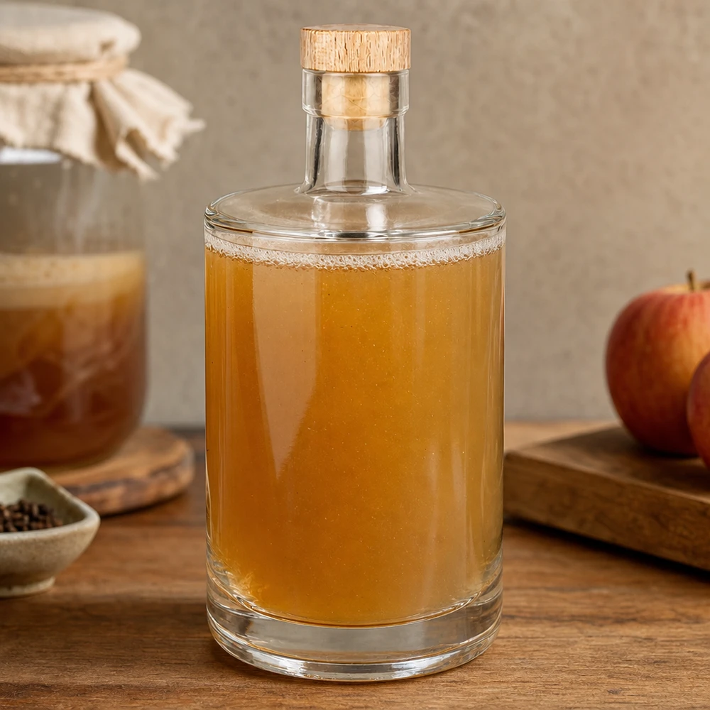 700ml Glasflasche Marie mit Holzkorken gefüllt mit goldbrauner Flüssigkeit in gemütlicher Küche neben Apfel und Gewürzen