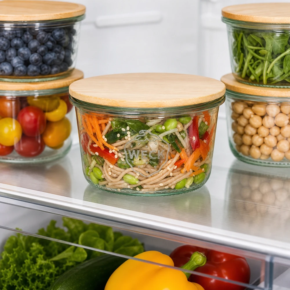 WECK tumlare 80 ml RR60 med bambulock Kylskåp Meal Prep förvaringsorganisation Håller grönsaker och pasta fräscha