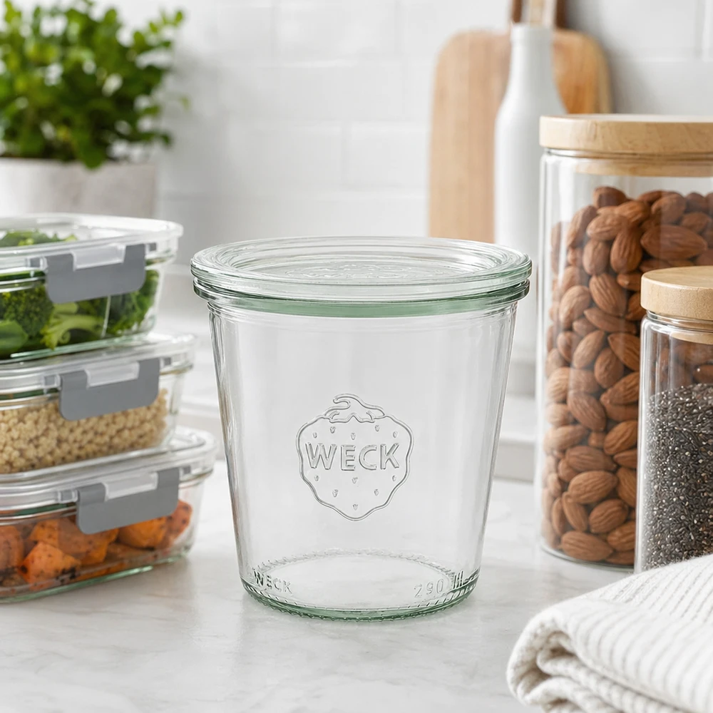 290ml Krossade glasögon med glaslock WECK RR80 WECK dricksglas 290ml RR80 i modernt kök med förvaringsburkar för nötter och mat