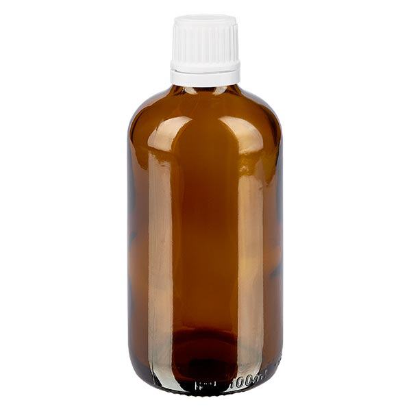 Apoteksflaska brun 100ml droppflaska 1,2mm vitt manipuleringssäkert lock Apoteksflaska brun 100ml droppflaska 1,2mm vitt manipuleringssäkert lock