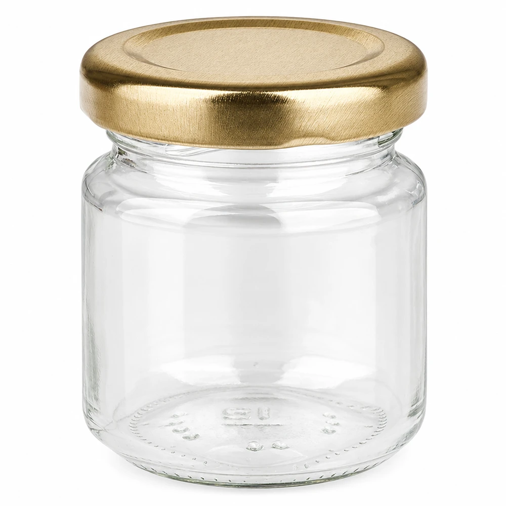 Rund glasburk 53 ml med lock BasicSeal guld UNiTWIST 53 ml rund burk med gyllene BasicSeal-lock UNiTWIST - tom syltburk av klarglas