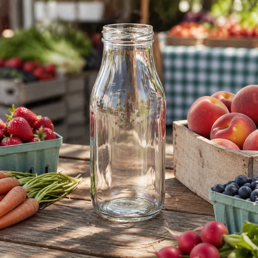 263 ml flaska utan lock (TO43) UNiTWIST Leere Glasflasche 263ml auf Holztisch mit frischem Obst und Gemüse - ideal für Säfte Smoothies und Getränke