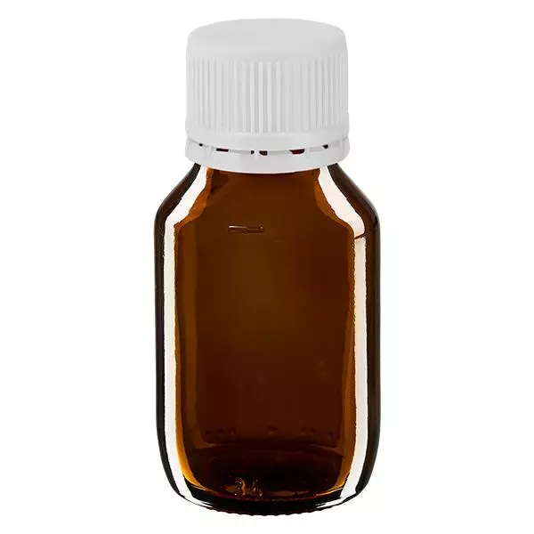50 ml medicinflaska brun, vitt lock med säkerhetsring ApoGlas 50 ml medicinflaska brun, vitt lock med säkerhetsring ApoGlas