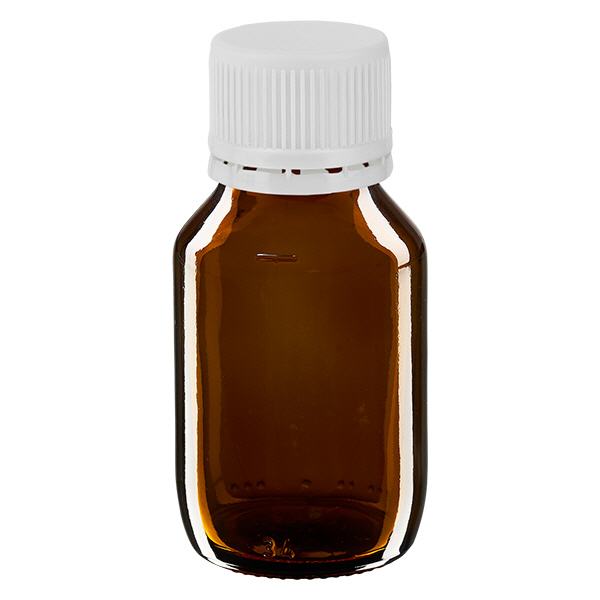 50 ml medicinflaska brun, vitt lock med säkerhetsring ApoGlas 50 ml medicinflaska brun, vitt lock med säkerhetsring ApoGlas