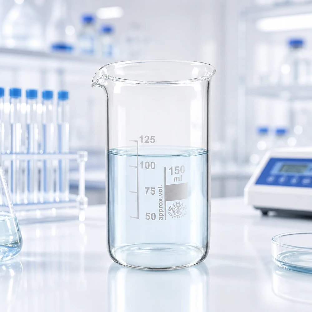 Genomskinligt laboratoriebägareglas, 150 ml, hög form med skala från 50 till 125 ml, tillverkat av borosilikatglas