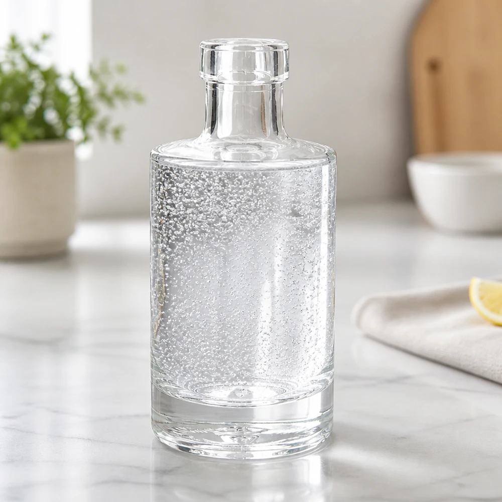 200 ml glasflaska Marie fylld med kolsyrat vatten på marmorbänk modernt kök vattenflaska livsstilslandskap