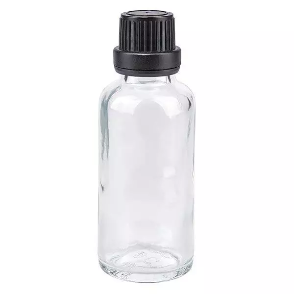 Apoteksflaska klar 30 ml skruvlock svart manipuleringssäker förslutning Apoteksflaska klar 30 ml skruvlock svart manipuleringssäker förslutning
