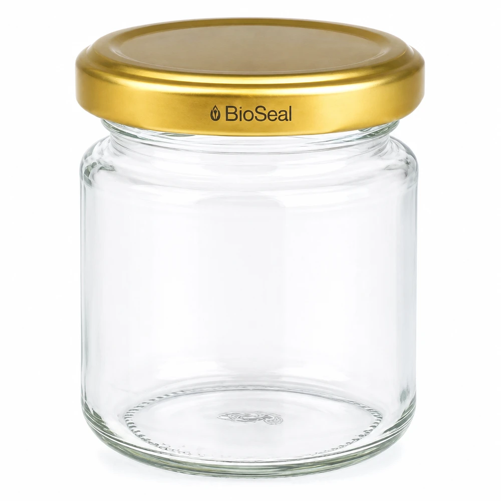53 ml rund burk med UNiTWIST BioSeal-lock i guld Tom konserveringsburk UNiTWIST Runda53 med gyllene TO43 BioSeal-lock för sylt och konservering