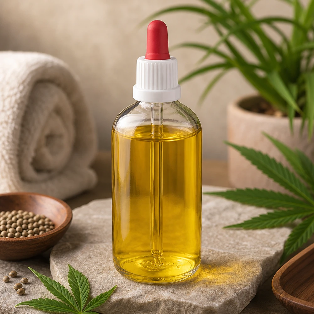 CBD-olja i pipettflaska, 100 ml, klart glas med röd pipett för naturkosmetik och aromaterapi