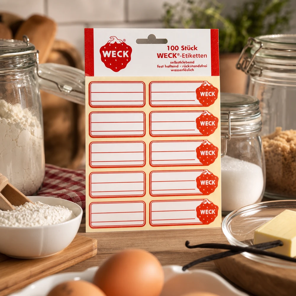 WECK-etiketter 19 x 13 mm (förpackning med 100 stycken) WECK etiketter förpackning med 100 röda klistermärken i kök med förvaringsburkar ägg smör flingor bakning ingredienser