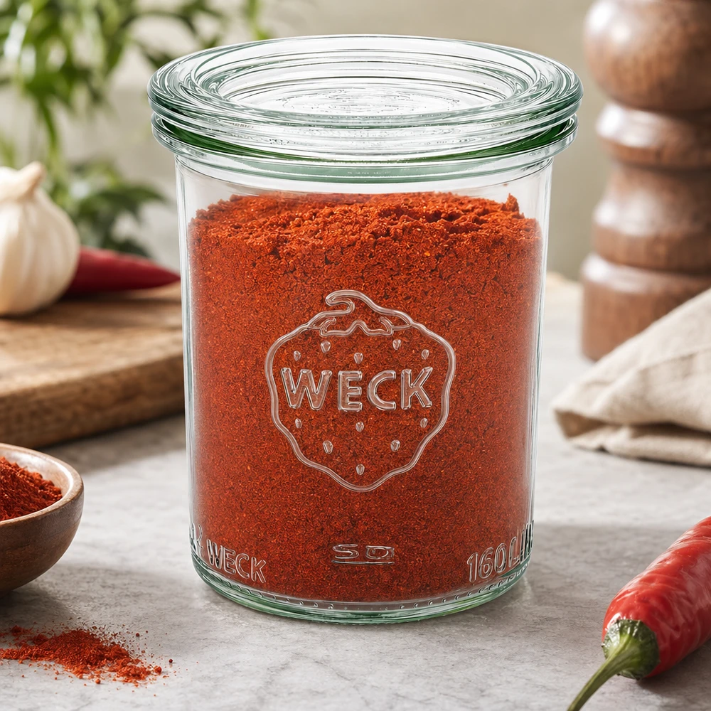 WECK 160 ml RR60 burk fylld med rött paprikapulver i köket med chili, vitlök och kryddkvarn