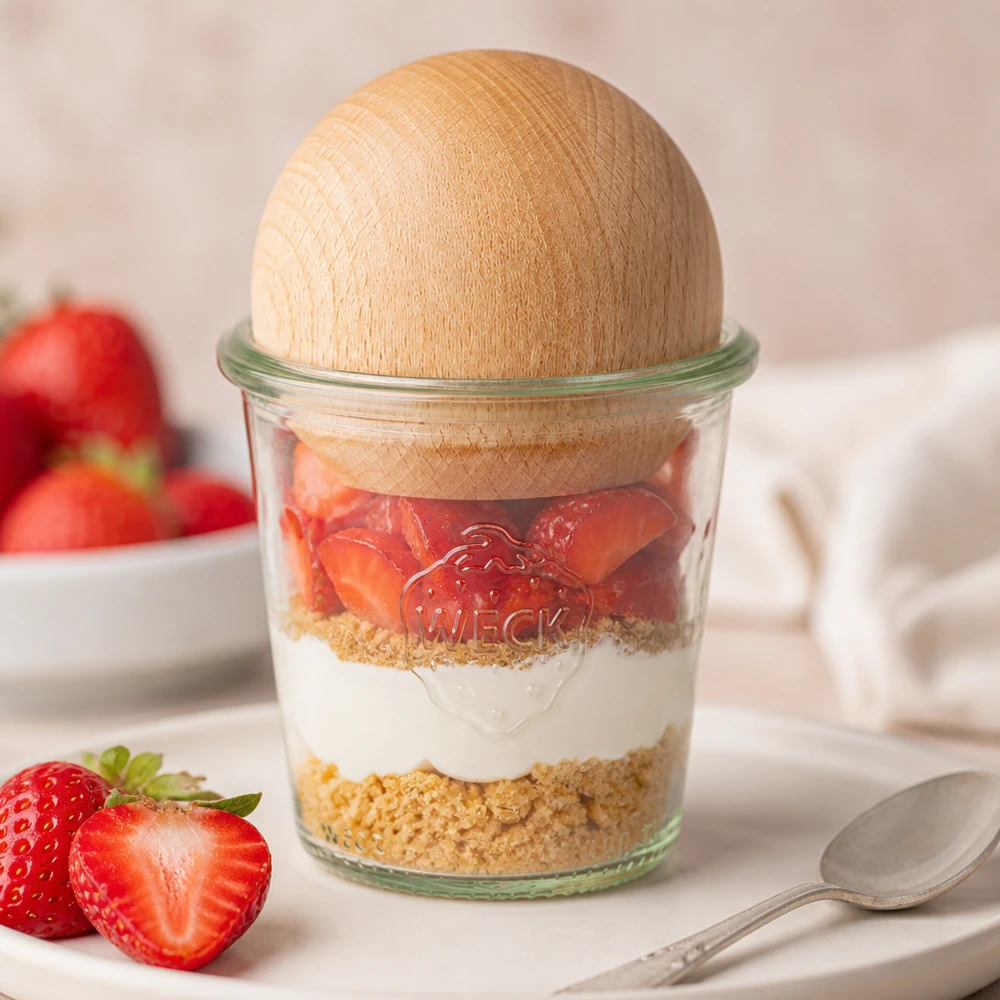 WECK drinkglas 290ml RR80 dessertburk med jordgubbar och grädde, kexbotten och kulpropp i bok