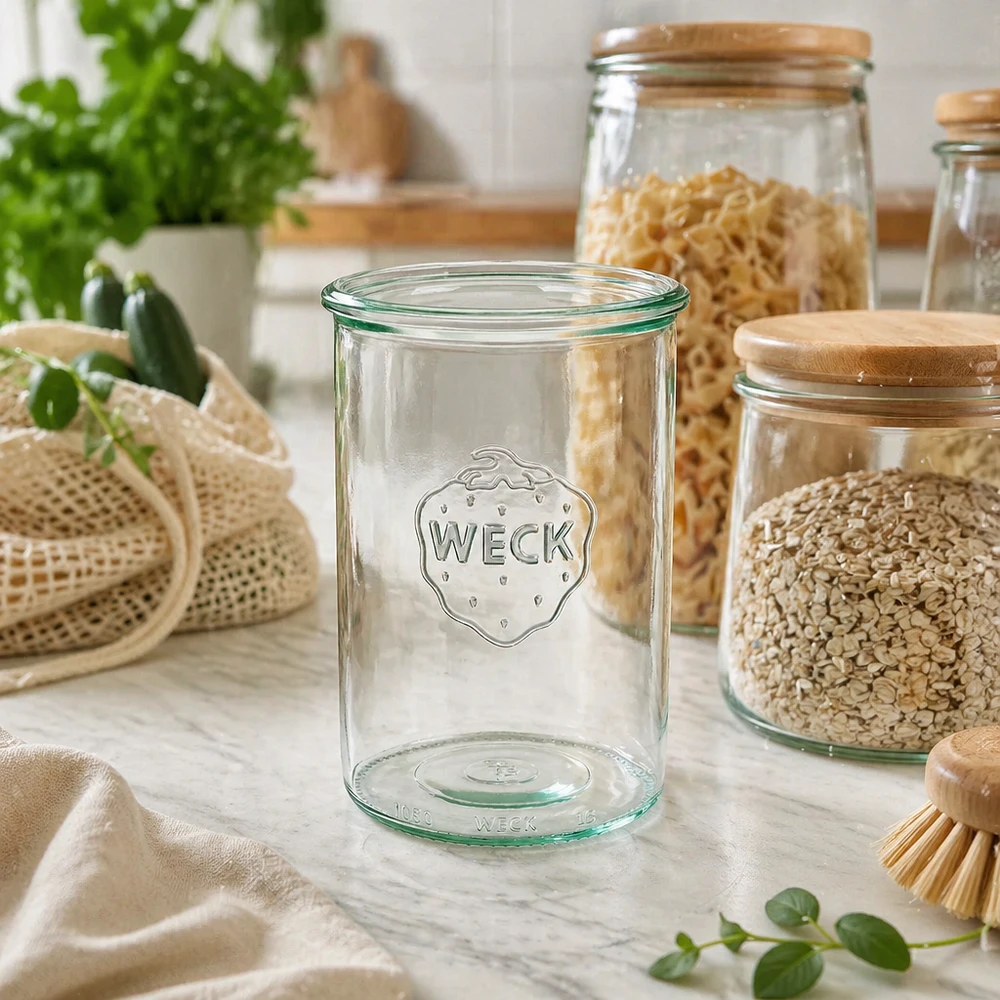 1000 ml burk WECK RR100 WECK 1000ml RR100 förvaringsburk i glas med logotyp i hållbart kök med förvaringsburkar och ekologisk mat