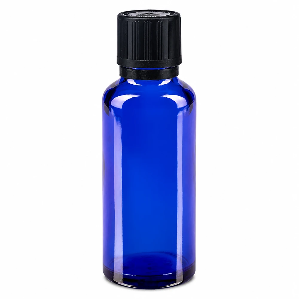 Apoteksflaska blå 30ml dropplock hällring 1mm svart barnsäkerhetslås blind varningssymbol manipuleringssäker förslutning 30 ml blå apoteksflaska i glas med svart barnsäker kork och 1 mm droppinsats