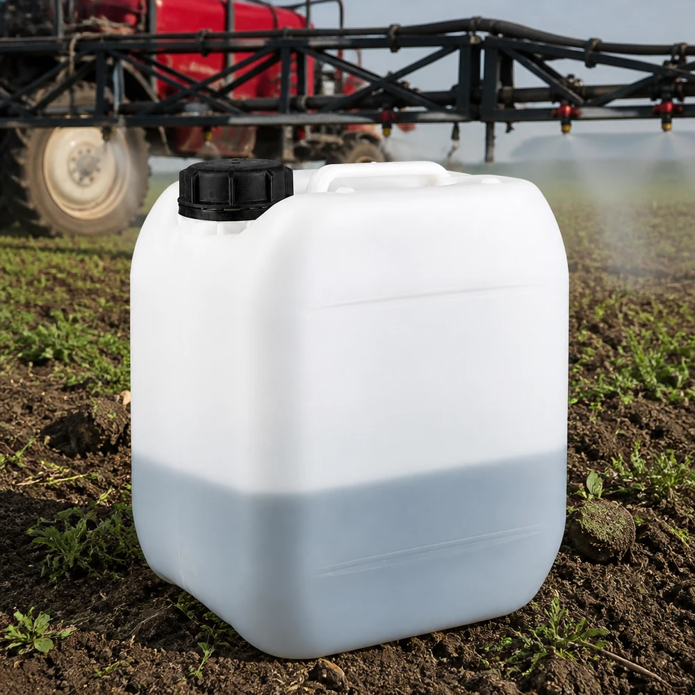 Vit 5-liters plastdunk med skruvlock som används inom jordbruket bredvid en traktor