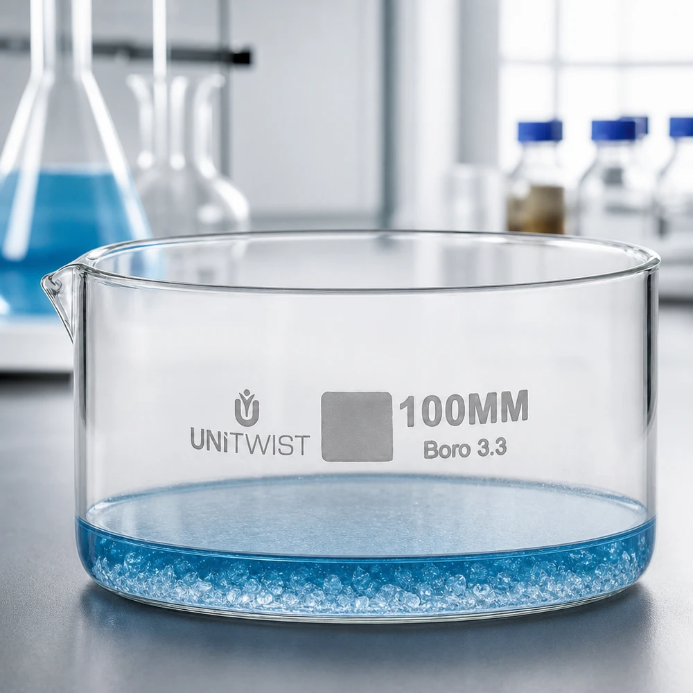 Kristallisationskärl ø100 mm, borosilikatglas UNiTWIST UNiTWIST kristallisationsskål 100 mm Boro 3.3, platt utformning, låg kant, laboratorieglas, transparent