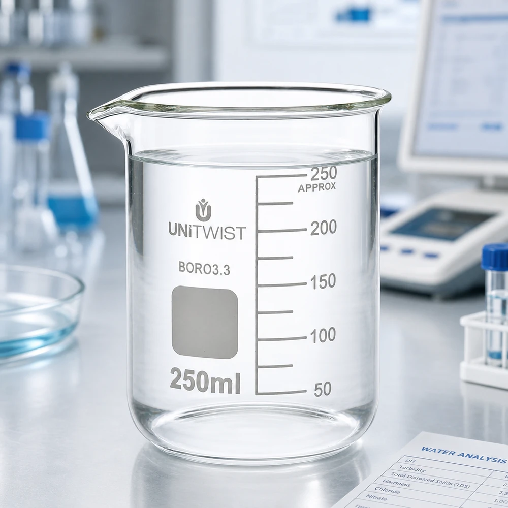 Bägare 250ml borosilikat, lågformad UNiTWIST Eppendorfglas, 250 ml, låg form, på en laboratorievåg med ett dokument om vattenanalys i bakgrunden