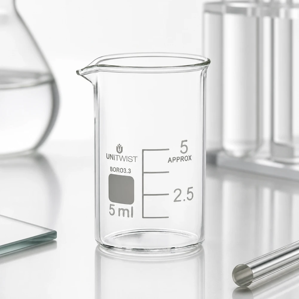 Bägare 5ml borosilikat, låg form UNiTWIST Genomskinligt bägarglas, 5 ml, borosilikatglas 3.3, låg profil med synlig millilitergradering