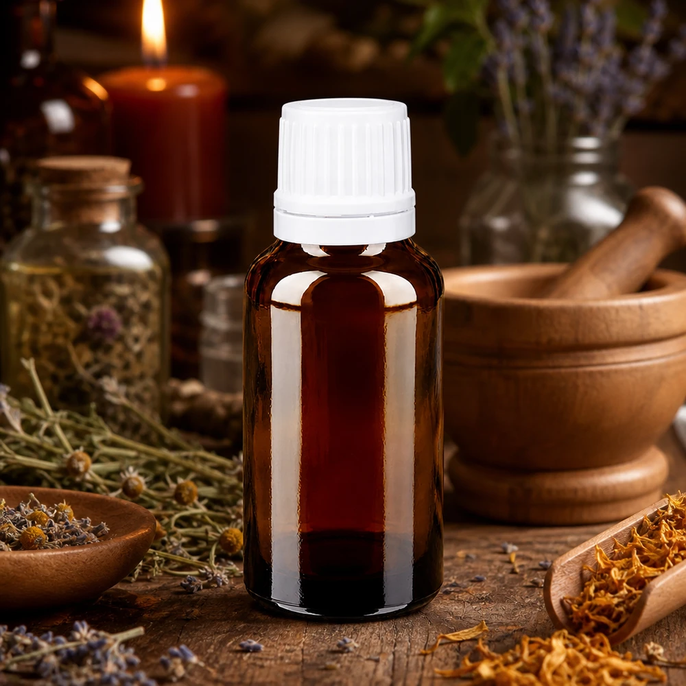 Apoteksflaska brun 20ml med vitt skruvlock och säkerhetsförslutning Liten 20 ml-flaska av brunt glas med vit droppflaska, omgiven av medicinalväxter och en mortel