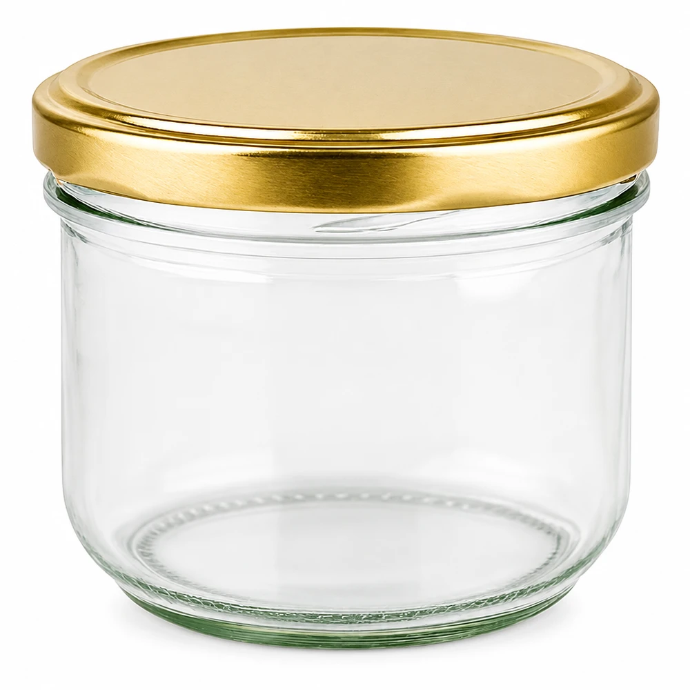 Muggar med en volym på 260 ml med BasicSeal-lock i guldfärg UNiTWIST 260 ml tomma muggar med gyllene BasicSeal-lock UNiTWIST-system för sylt och konserver