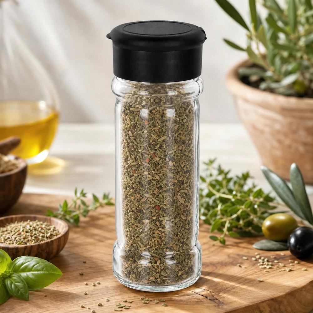 Salt-/kryddburk 100 ml med ströare, svart Ett 100 ml glas med kryddblandning och svart ströare på en träbricka bredvid färska olivkvistar