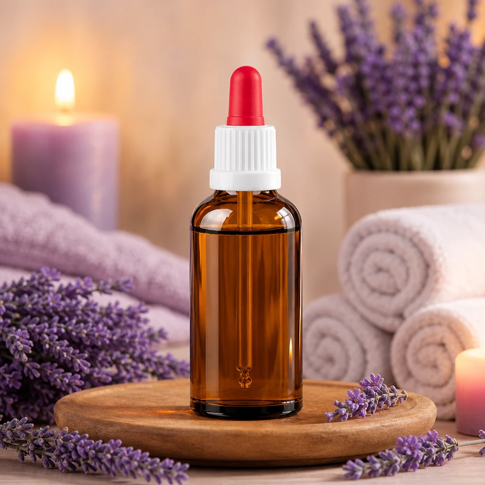 50 ml pipettflaska vit/röd med säkerhetsförslutning BrownLine UT18/50 Kompakt 50 ml bärnstensfärgad glasflaska med pipettlock för aromaterapi