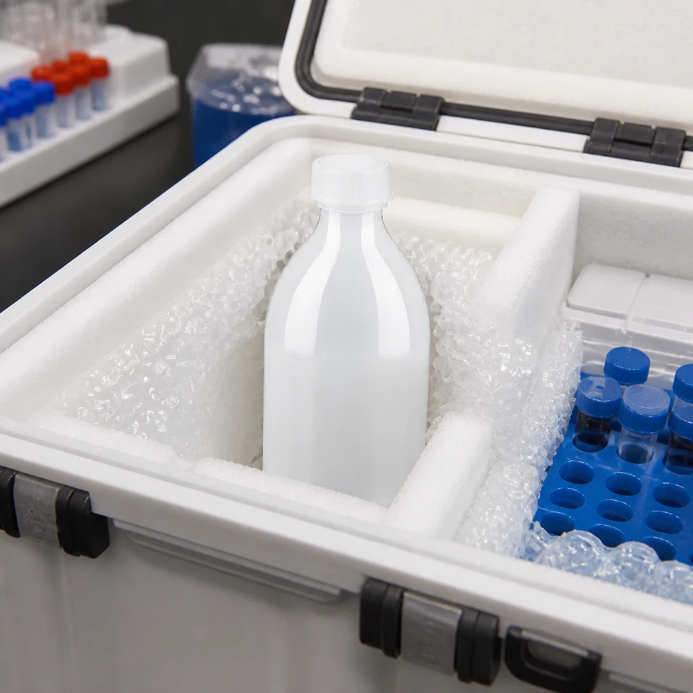250 ml vit skruvflaska med smalt halsrör på is i en laboratoriekylbox för temperaturkänsliga prover