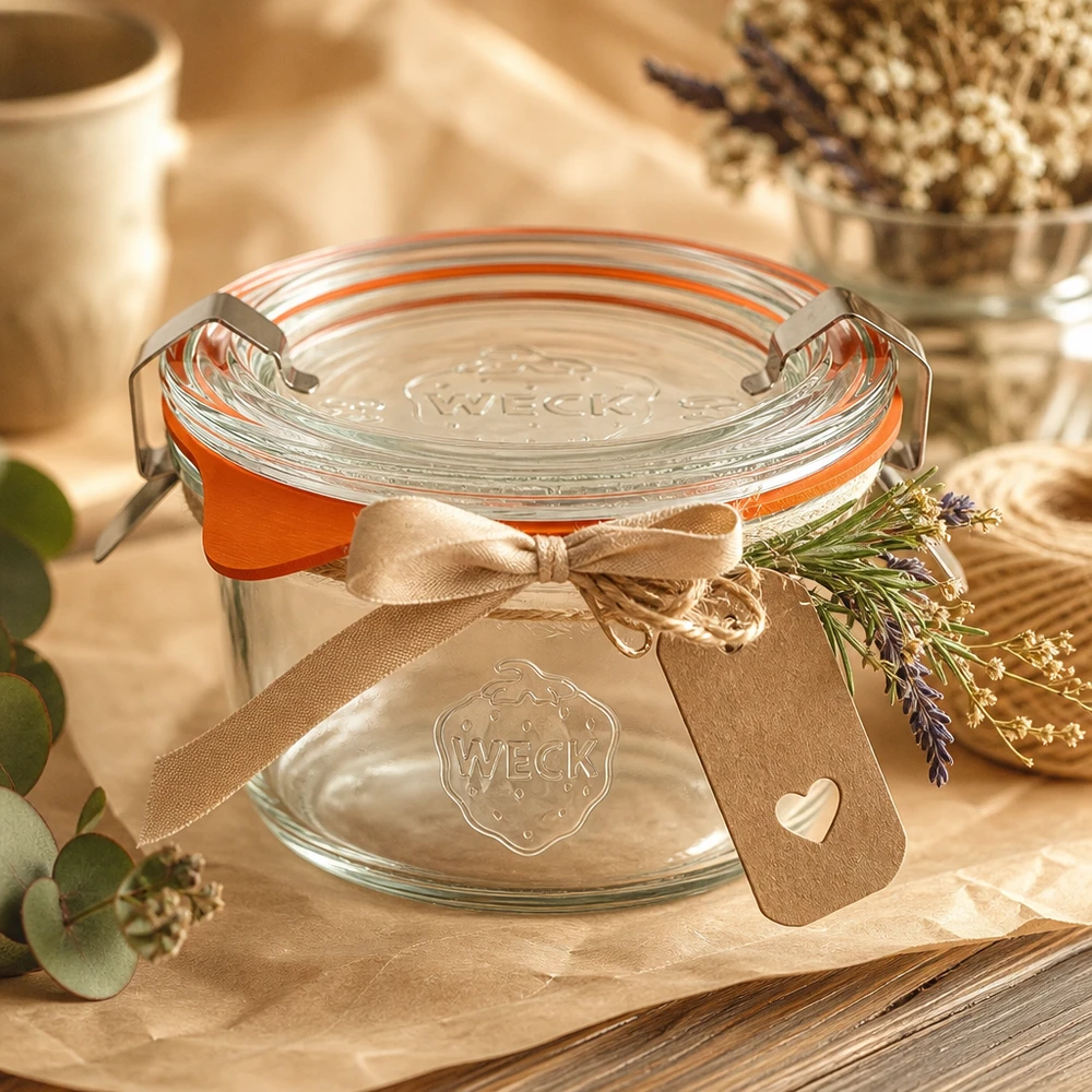 WECK 50 ml-glas RR60 dekorativt arrangerade med en rosett och lavendel som en presentidé på ett rustikt träbord