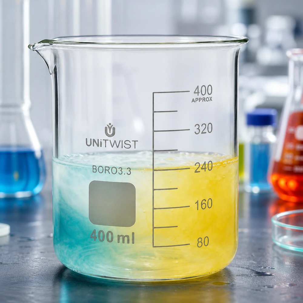 UNiTWIST bägare, 400 ml, borosilikatglas, med färgglad vätska i blått och gult i laboratoriet