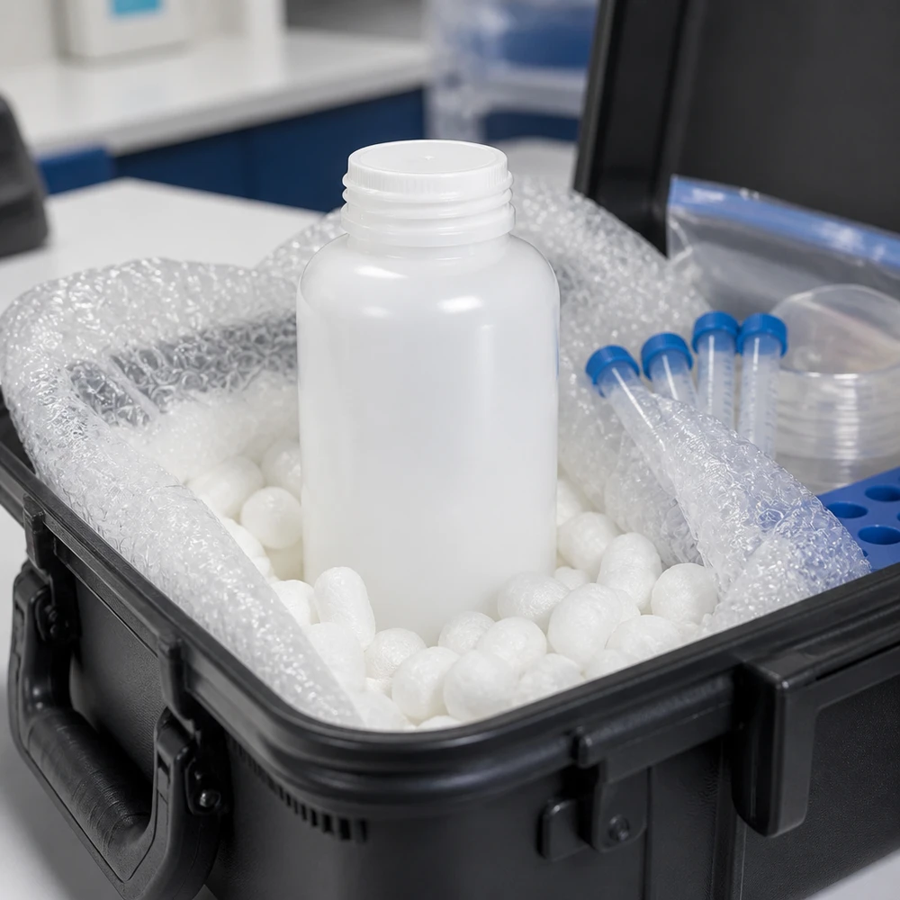 500 ml laboratorieflaska med vid hals, förpackad i transportväska med styroporchips och bubbelplast
