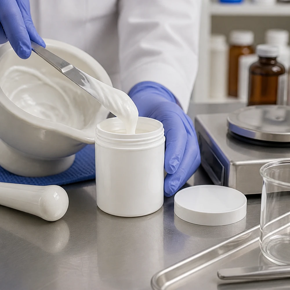 Farmaceutisk tillverkning av salva i en vit 500 g-burk av PP-plast i ett renrumslaboratorium