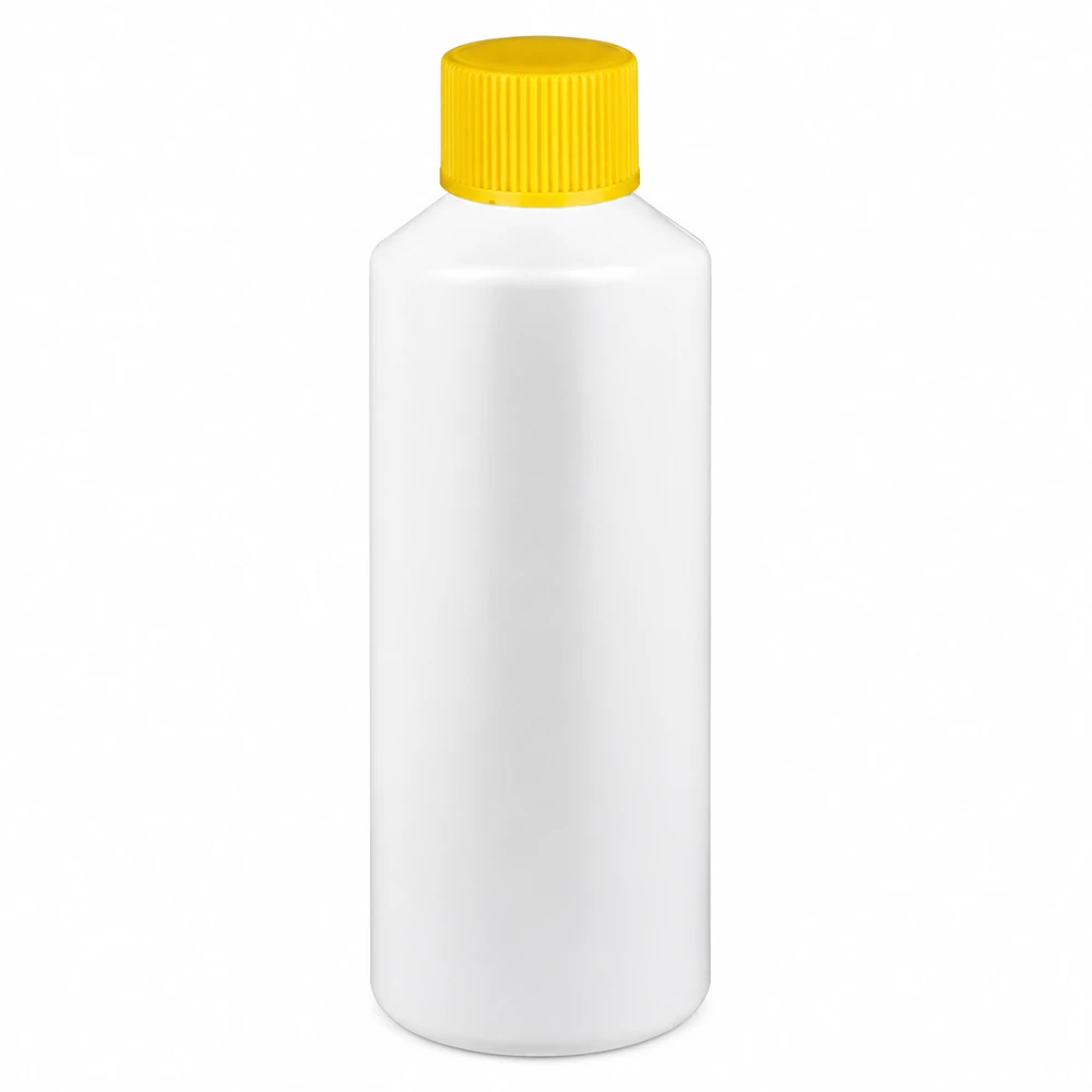 Apoteksflaska HDPE 100ml vit, med gult skruvlock Vit HDPE-apotekflaska, 100 ml, med gult skruvlock