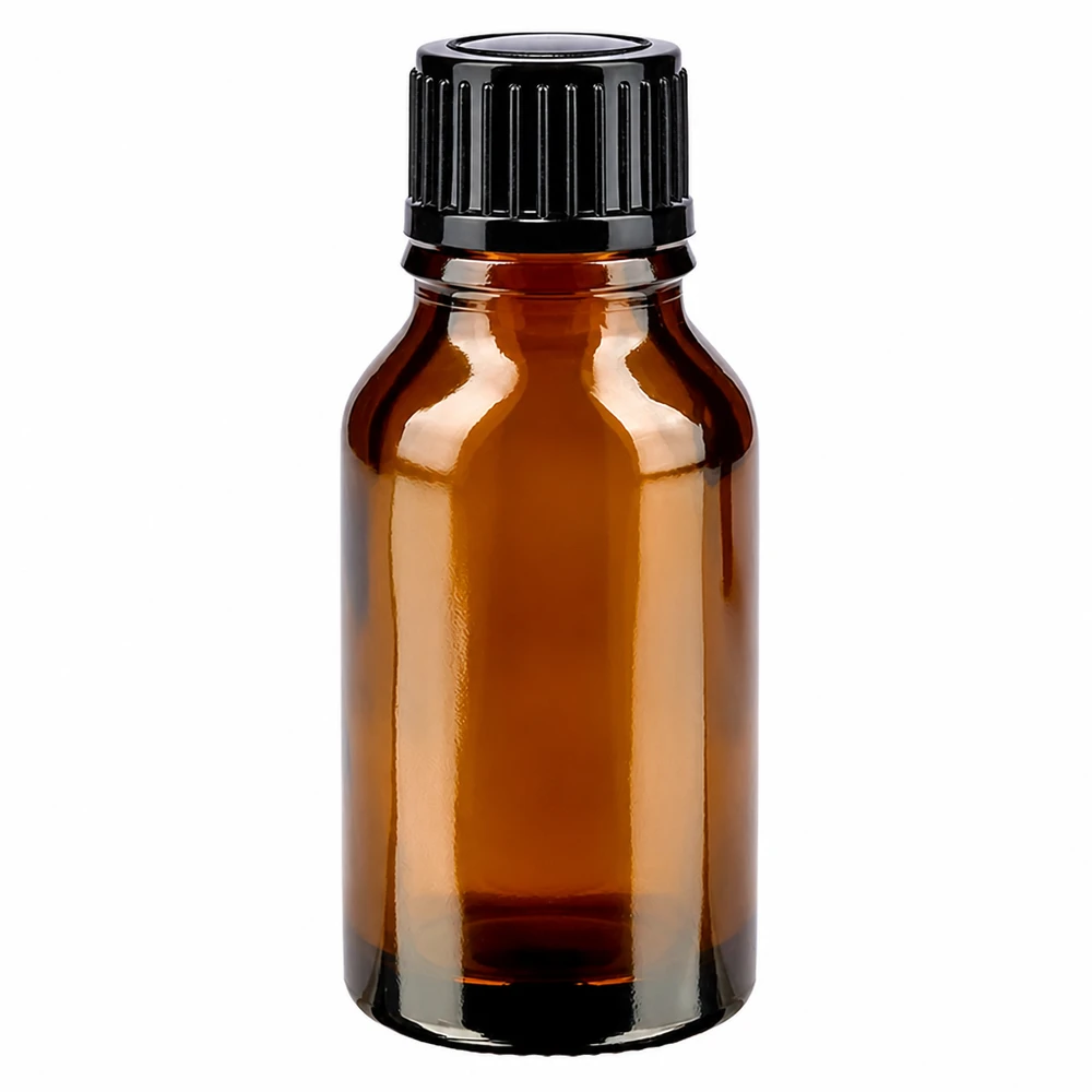 Apoteksflaska brun 30ml skruvlock svart standard 30 ml brun apotekarflaska i glas med svart standardlock, 11 mm