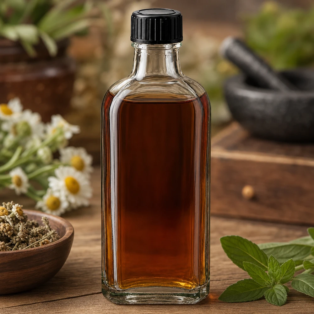 100 ml Meplat klar skruvkork med LKD-tätningsskiva Meplat-flaska, 100 ml, genomskinlig, med LKD-tätningsskiva bredvid örter och mortel på träunderlag