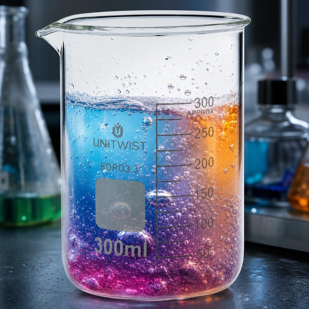 Bägare 300ml borosilikat, lågformad UNiTWIST UNiTWIST-bägare i glas, 300 ml, med en färgskala som går från rosa via violett till orange i laboratoriet