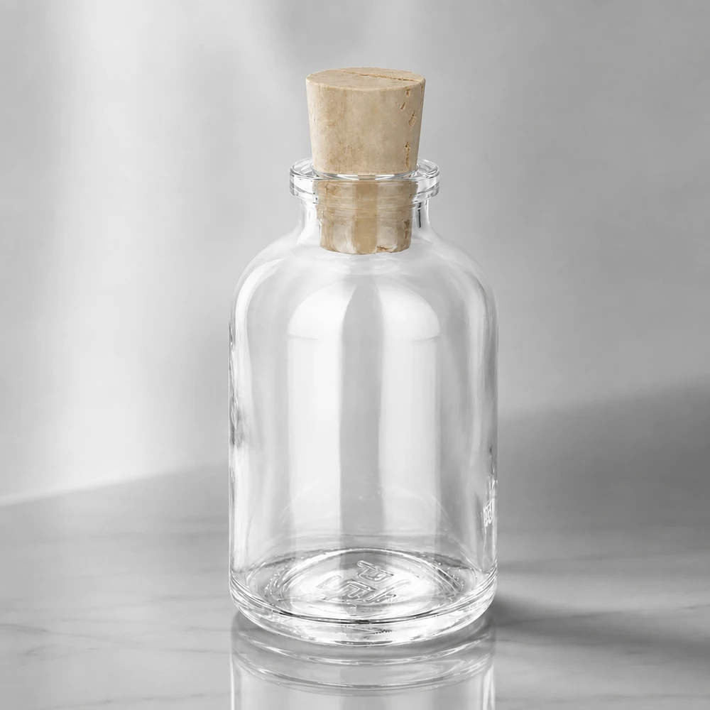 Klarglasflaska 50ml med kork 11/14mm Hochwertige Glasflasche 50ml mit luftdichtem Korken 11/14mm seitliche Ansicht